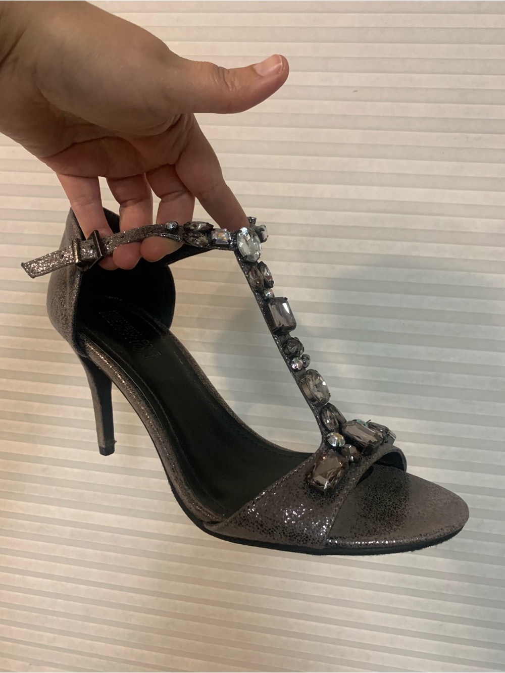 Kenneth Cole Metallic Gray T-Strap Gem Embellished Heels